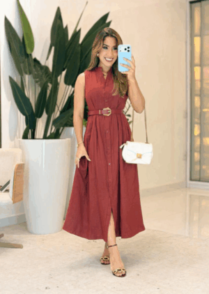 1030- Vestido em linho | detalhes botão com cinto